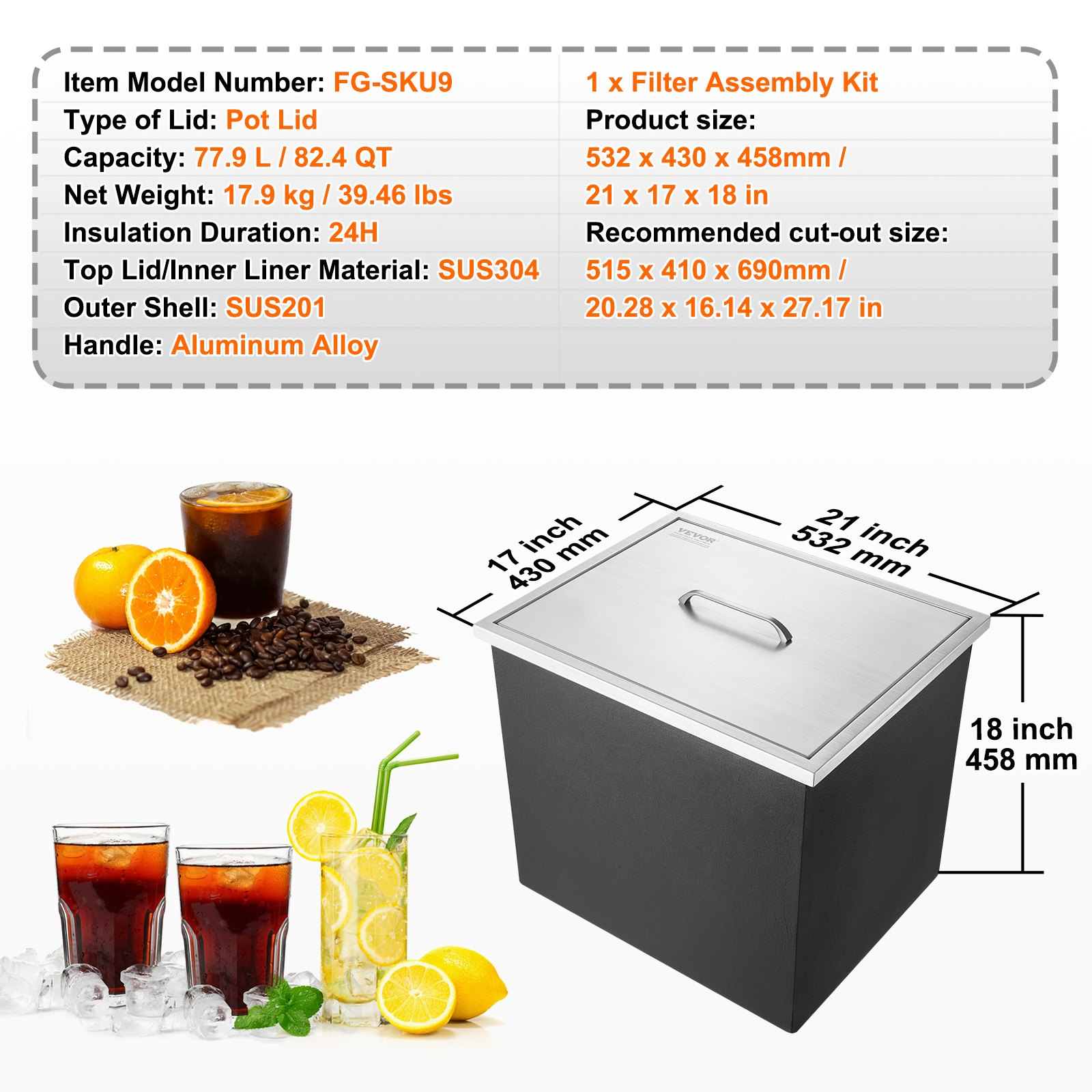 Drop in Ice Chest, 21"L x 17"W x 18"H Stainless Steel Ice Cooler, Commercial Ice Bin with Cover, 40 qt Outdoor Kitchen Ice Bar, Drain-pipe and Drain Plug Included, for Cold Wine Beer - Backyard Livings