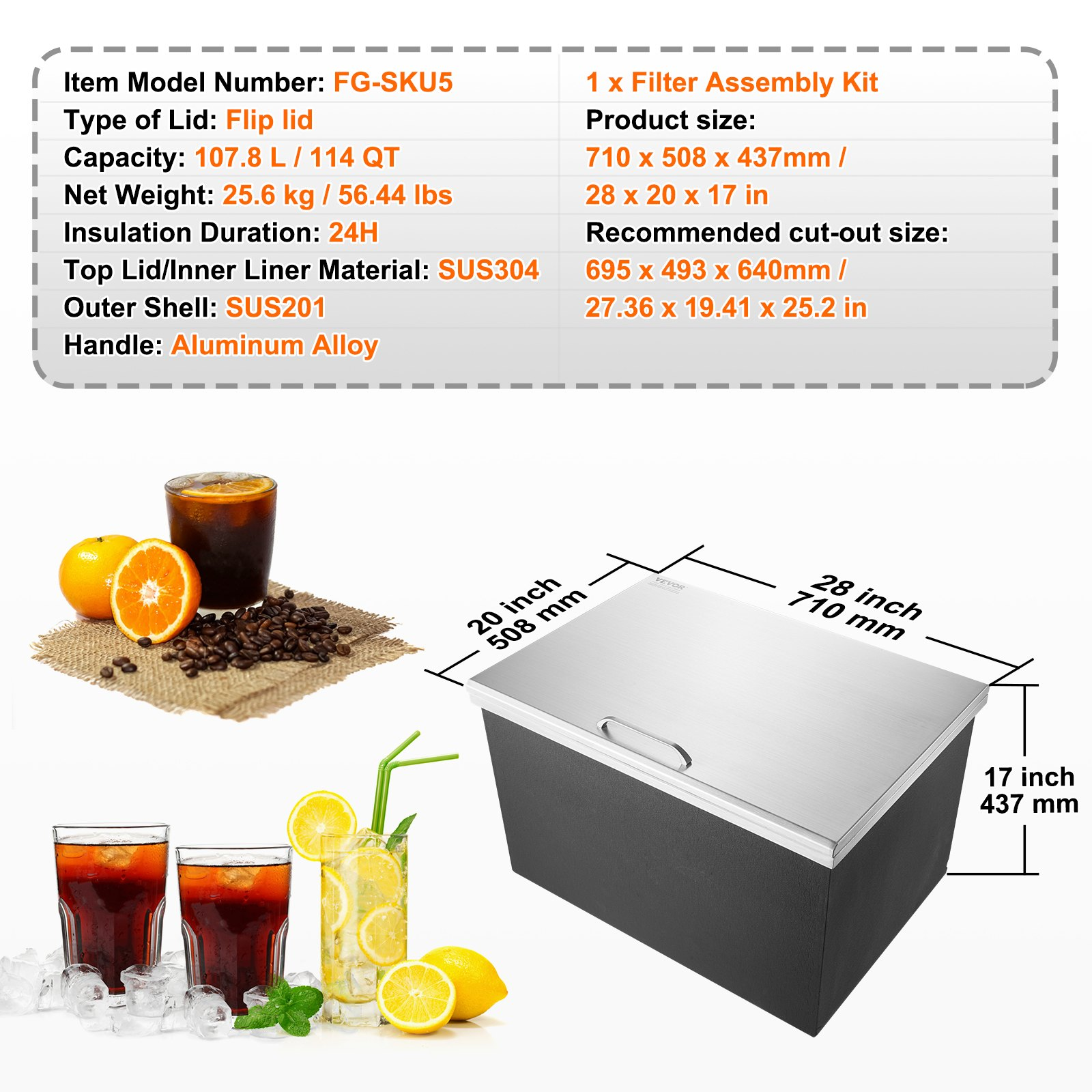 Drop in Ice Chest, 28"L x 20"W x 17"H Stainless Steel Ice Cooler, Commercial Ice Bin with Hinged Cover, 40 qt Outdoor Kitchen Ice Bar, Drain-pipe and Drain Plug Included, for Cold Wine Beer - Backyard Livings