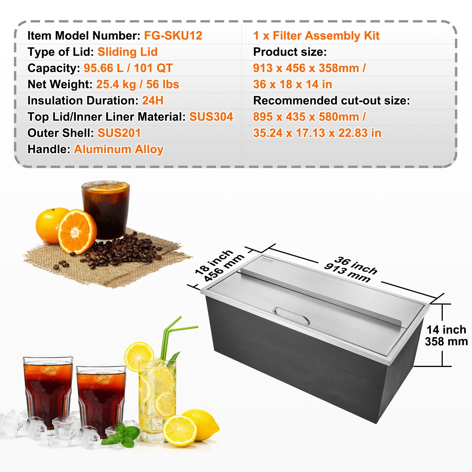 Drop in Ice Chest, 36"L x 18"W x 14"H Stainless Steel Ice Cooler, Commercial Ice Bin with Sliding Cover, 40.9 qt Outdoor Kitchen Ice Bar, Drain-pipe and Drain Plug Included, for Cold Wine Beer - Backyard Livings