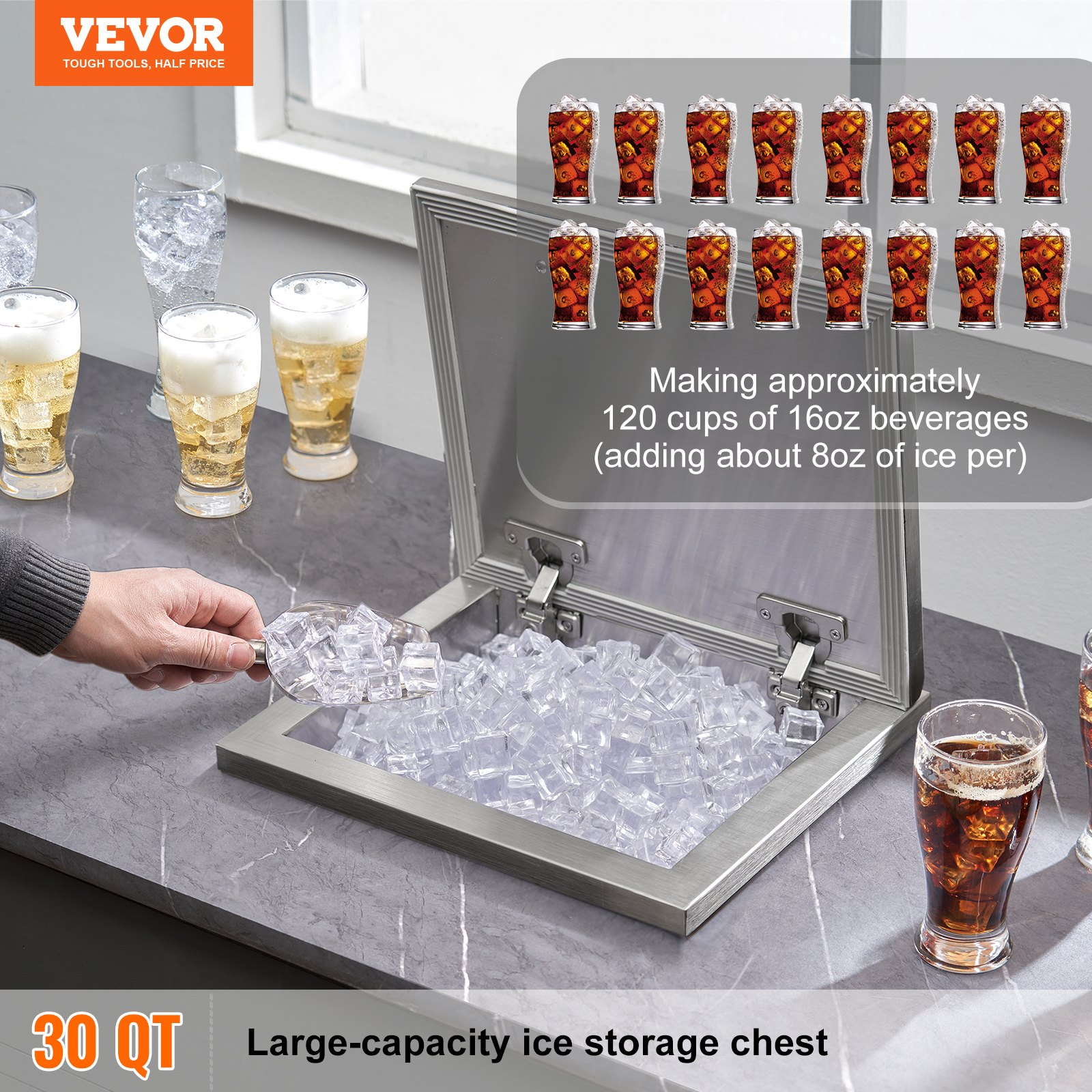 Drop in Ice Chest, 14"L x 12"W x 18"H Stainless Steel Ice Cooler, Commercial Ice Bin with Hinged Cover, 40 qt Outdoor Kitchen Ice Bar, Drain-pipe and Drain Plug Included, for Cold Wine Beer - Backyard Livings