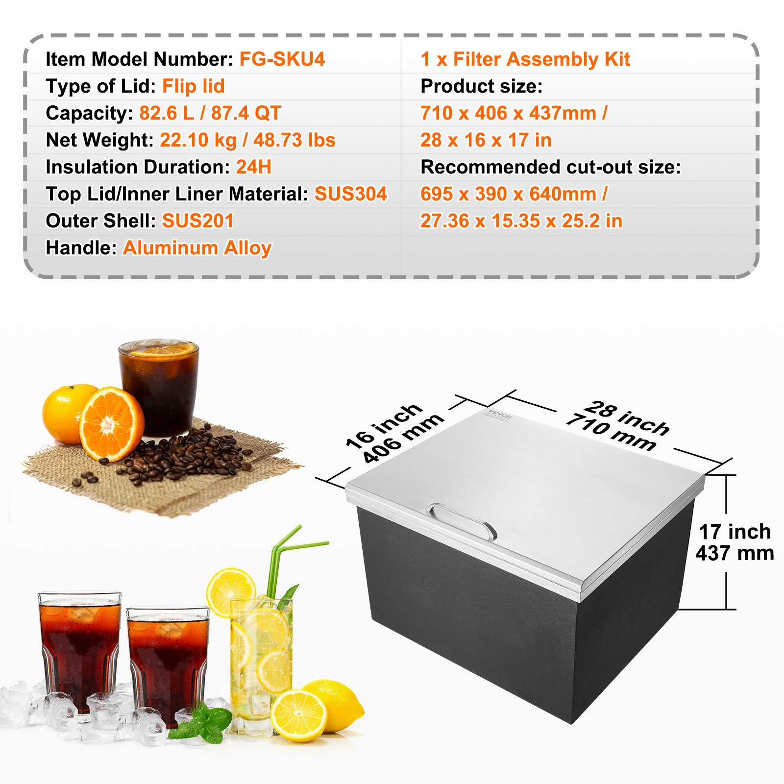 Drop in Ice Chest, 28"L x 16"W x 17"H Stainless Steel Ice Cooler, Commercial Ice Bin with Hinged Cover, 40 qt Outdoor Kitchen Ice Bar, Drain-pipe and Drain Plug Included, for Cold Wine Beer - Backyard Livings