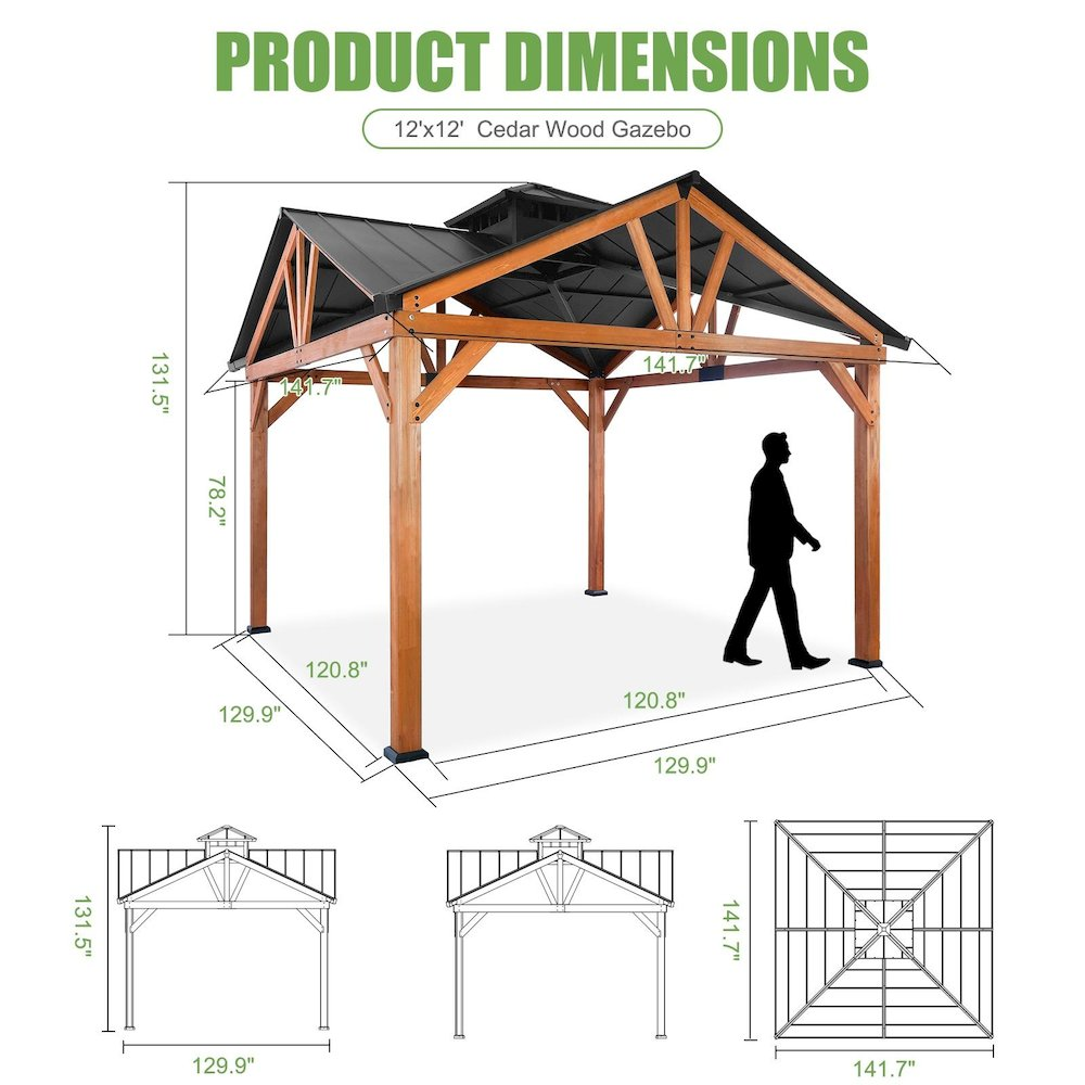 Cedar Gazebo with Metal Roof Measuring 12 Feet by 12 Feet - Backyard Livings