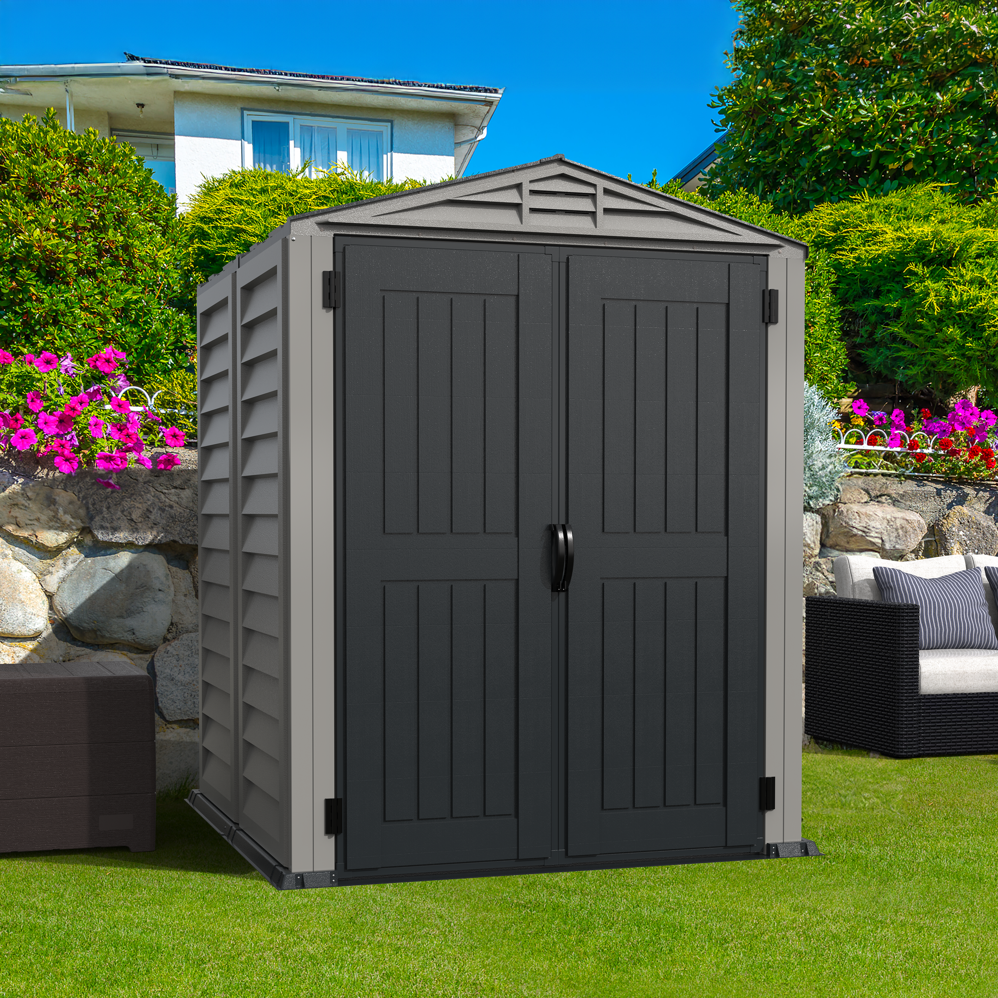 Duramax YardMate Plus 5 ft. 6 in. x 5ft. 6 in. Gray Vinyl Storage Shed with Molded Floor - Backyard Livings