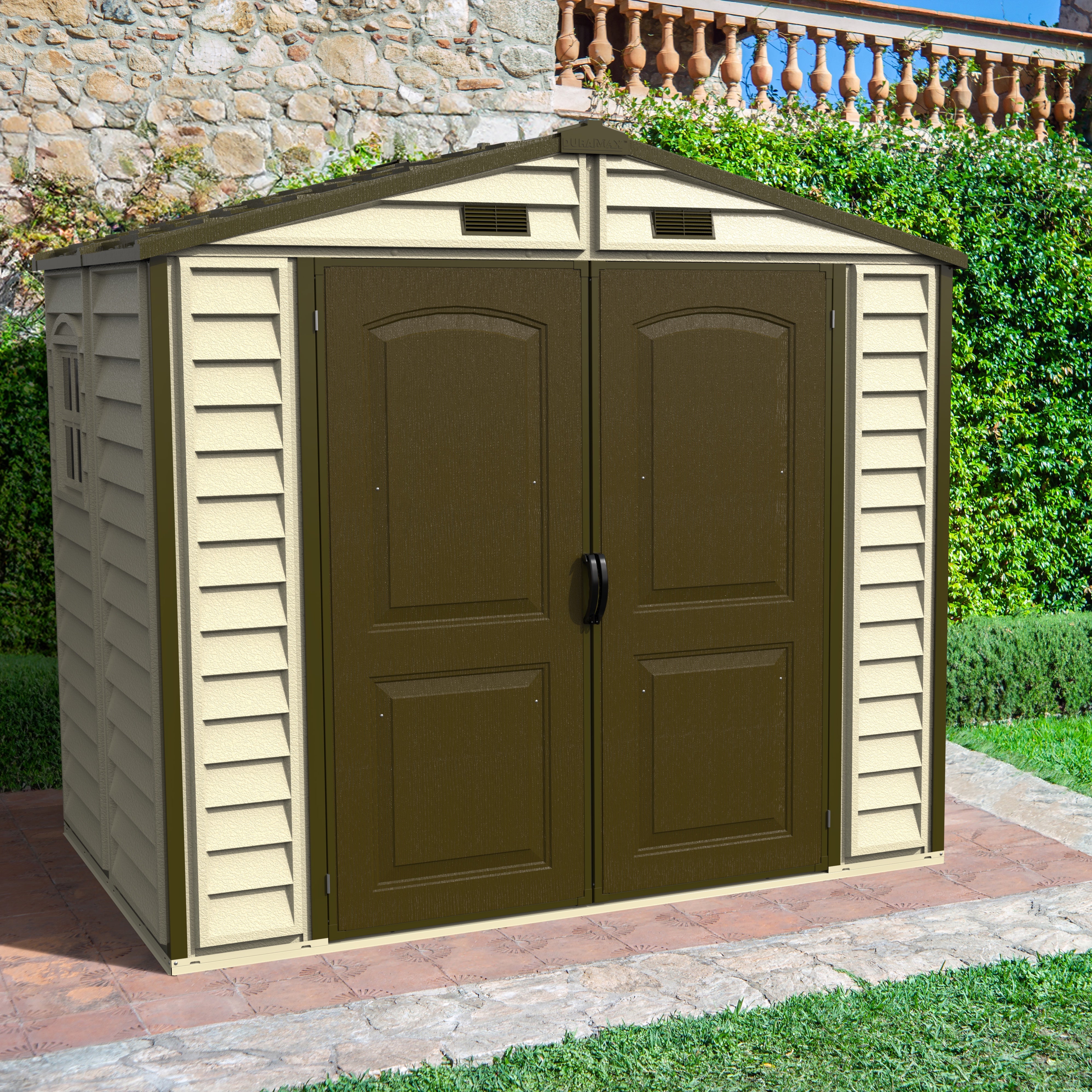 DuraMax 8ft x 5.5ft Storeall Vinyl Shed with Foundation Kit and window - Backyard Livings