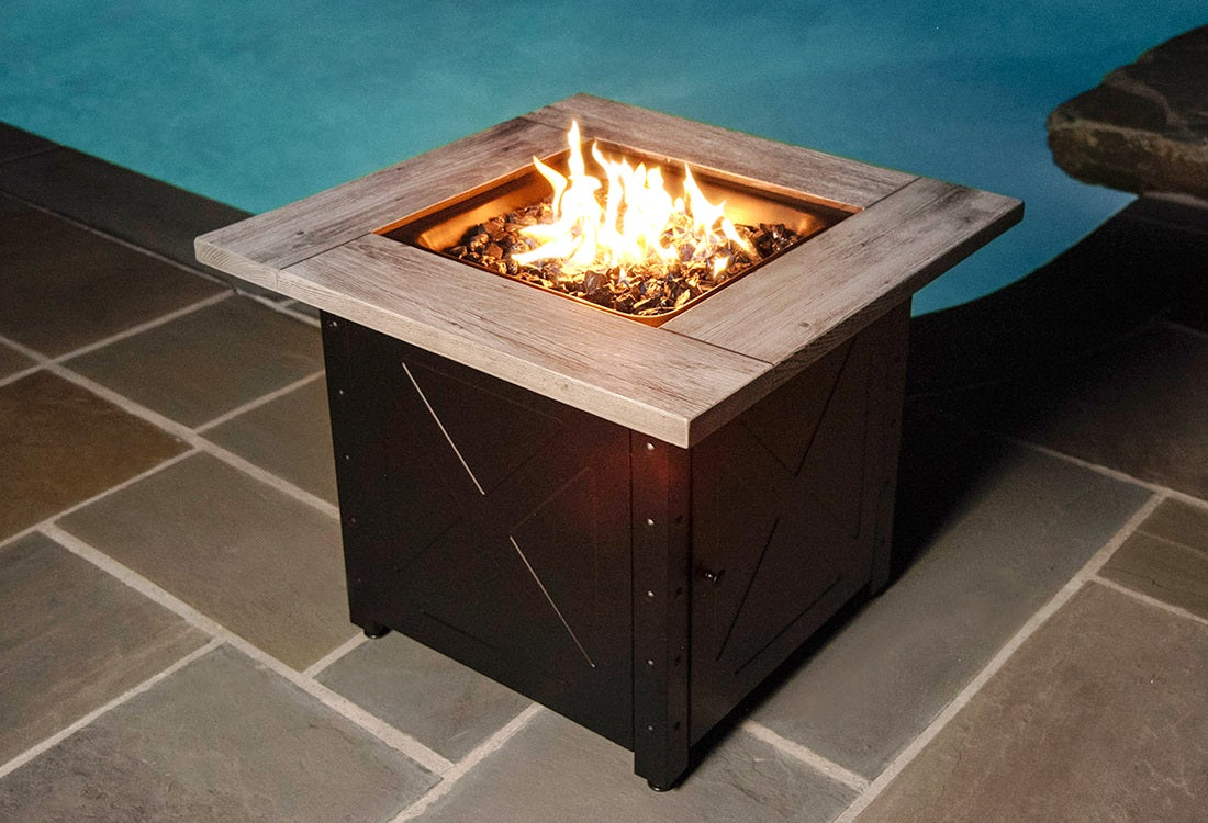 Endless Summer The Mason, 30" Square Gas Outdoor Fire Pit with Printed Wood Lat look Cement Resin Mantel - Backyard Livings