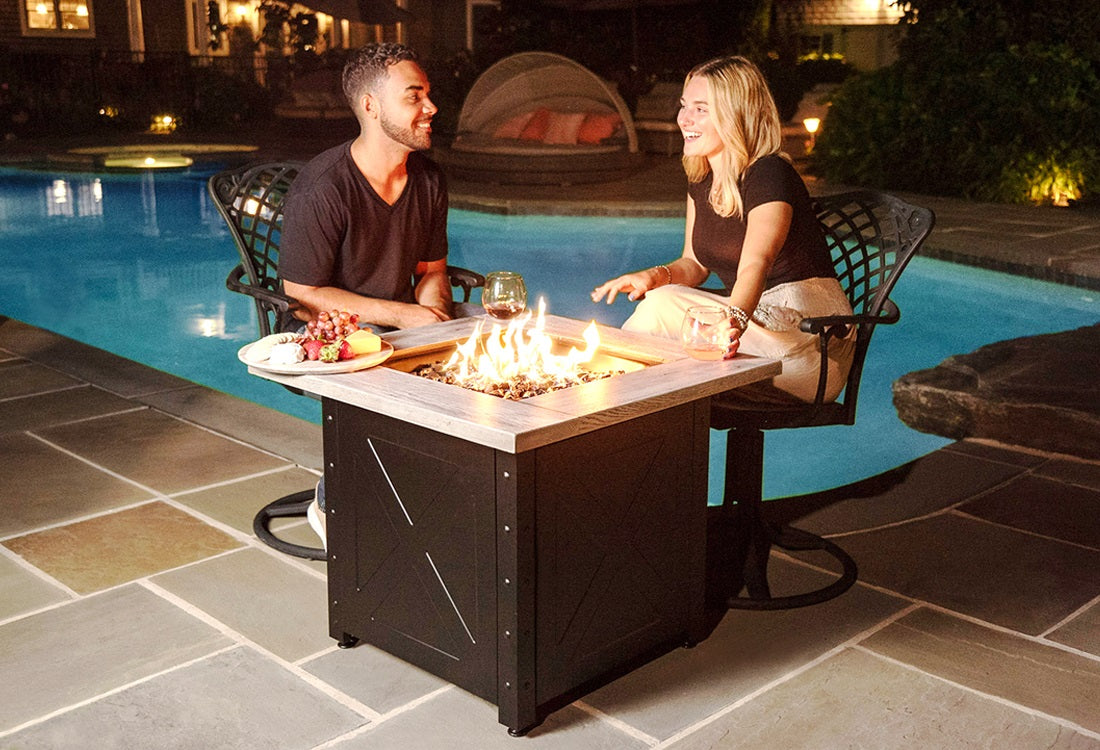 Endless Summer The Mason, 30" Square Gas Outdoor Fire Pit with Printed Wood Lat look Cement Resin Mantel - Backyard Livings