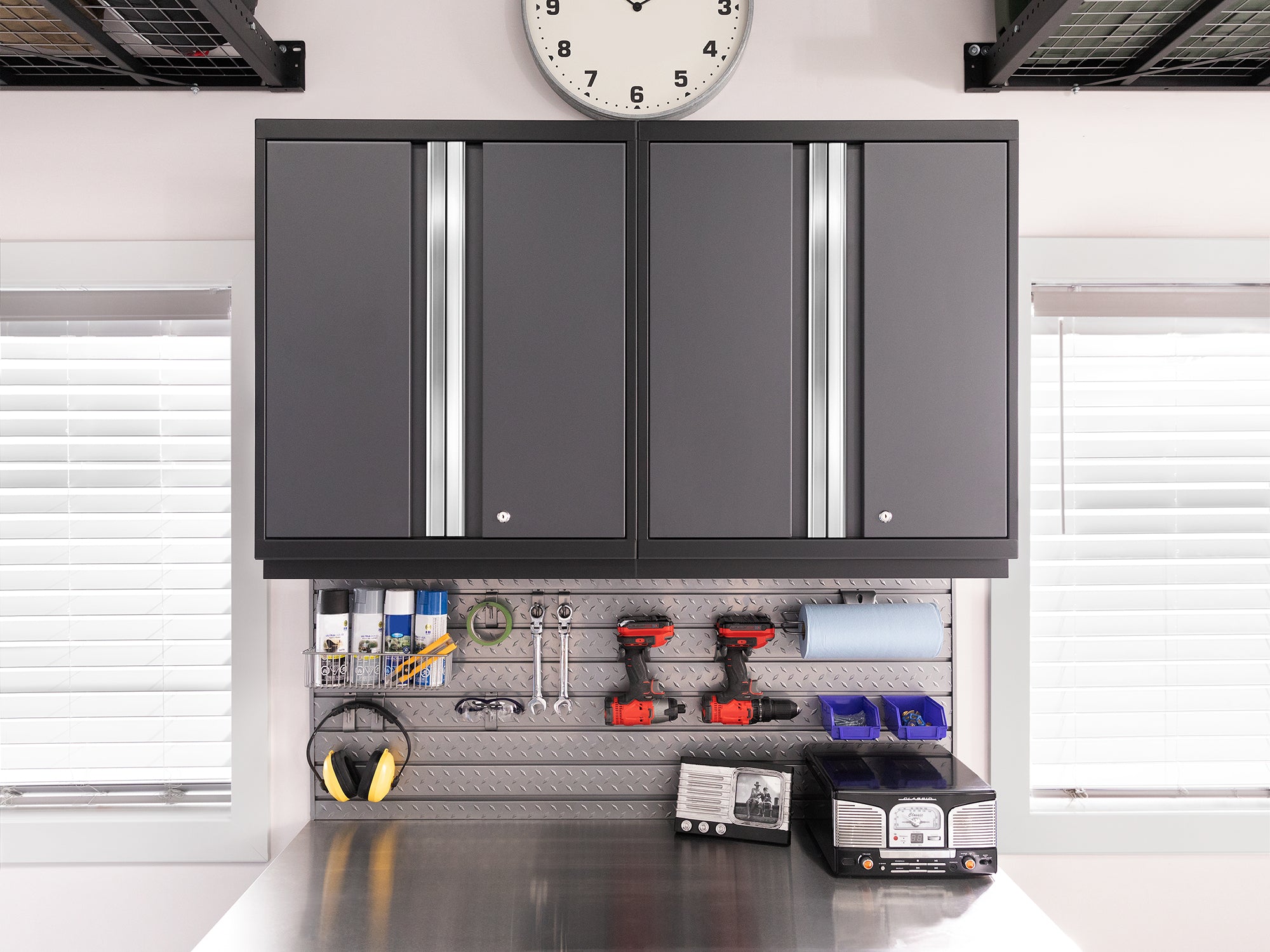 NewAge Pro Series 16 Piece Cabinet Set with Lockers, Wall, Tool Drawer, Base, Corner Wall Cabinet and 56 in. Worktop