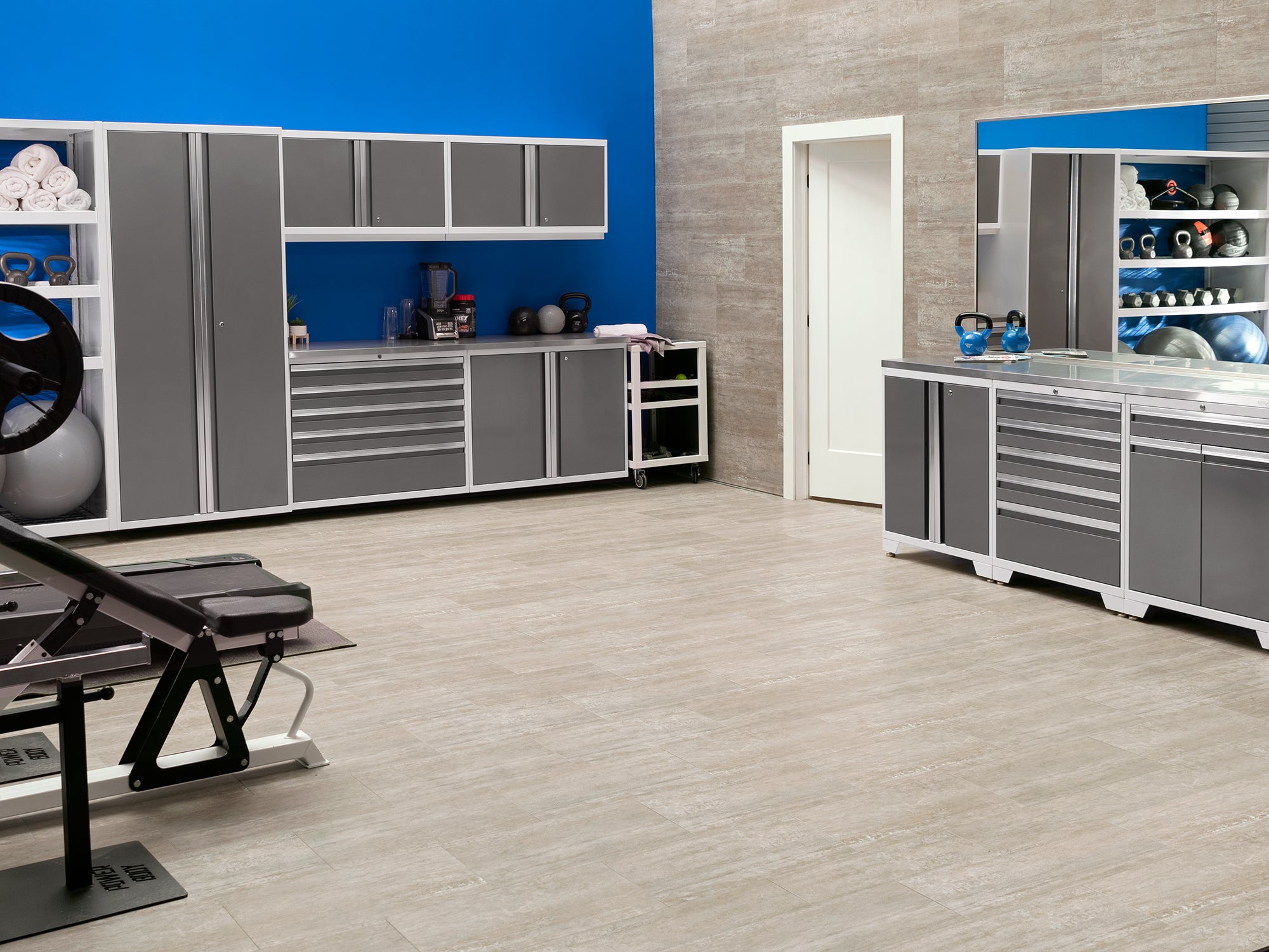 NewAge Pro Series 14 Piece Cabinet Set with Lockers, Base, Wall, Tool Drawer, Multi-Function Cabinets and 56 in. Worktop