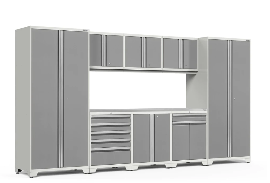 NewAge Pro Series 9 Piece Cabinet Set with Wall, Base, Tool Drawer, Multi-Function Cabinet, Lockers, and 84 in. Worktop