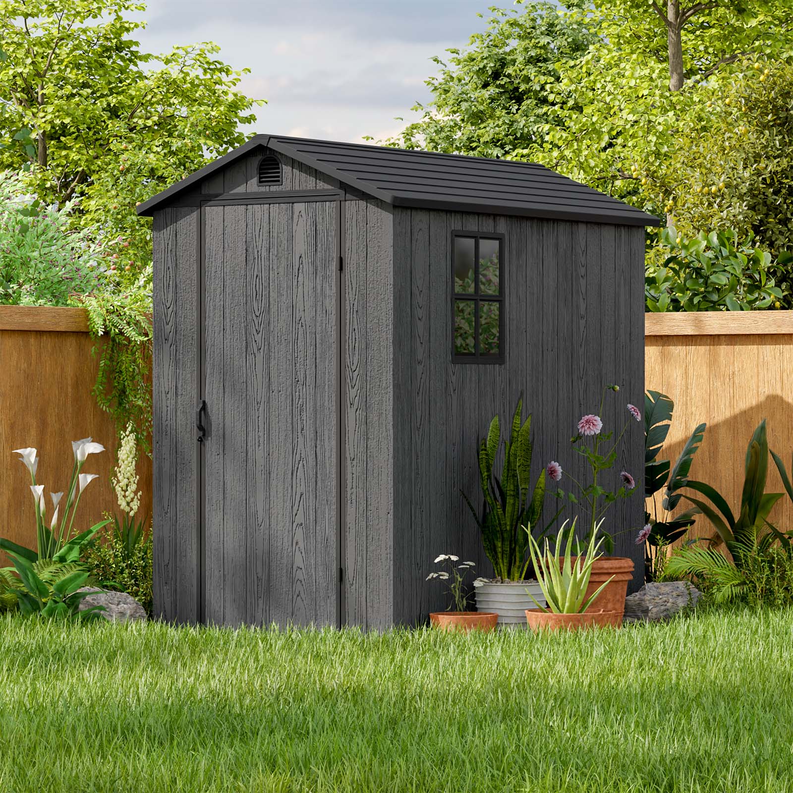 4 x 6 FT Plastic Outdoor Storage Shed with Floor, Resin Outside Tool Shed with Windows and Lockable Door for Backyard Garden Patio Lawn, Gray - Backyard Livings