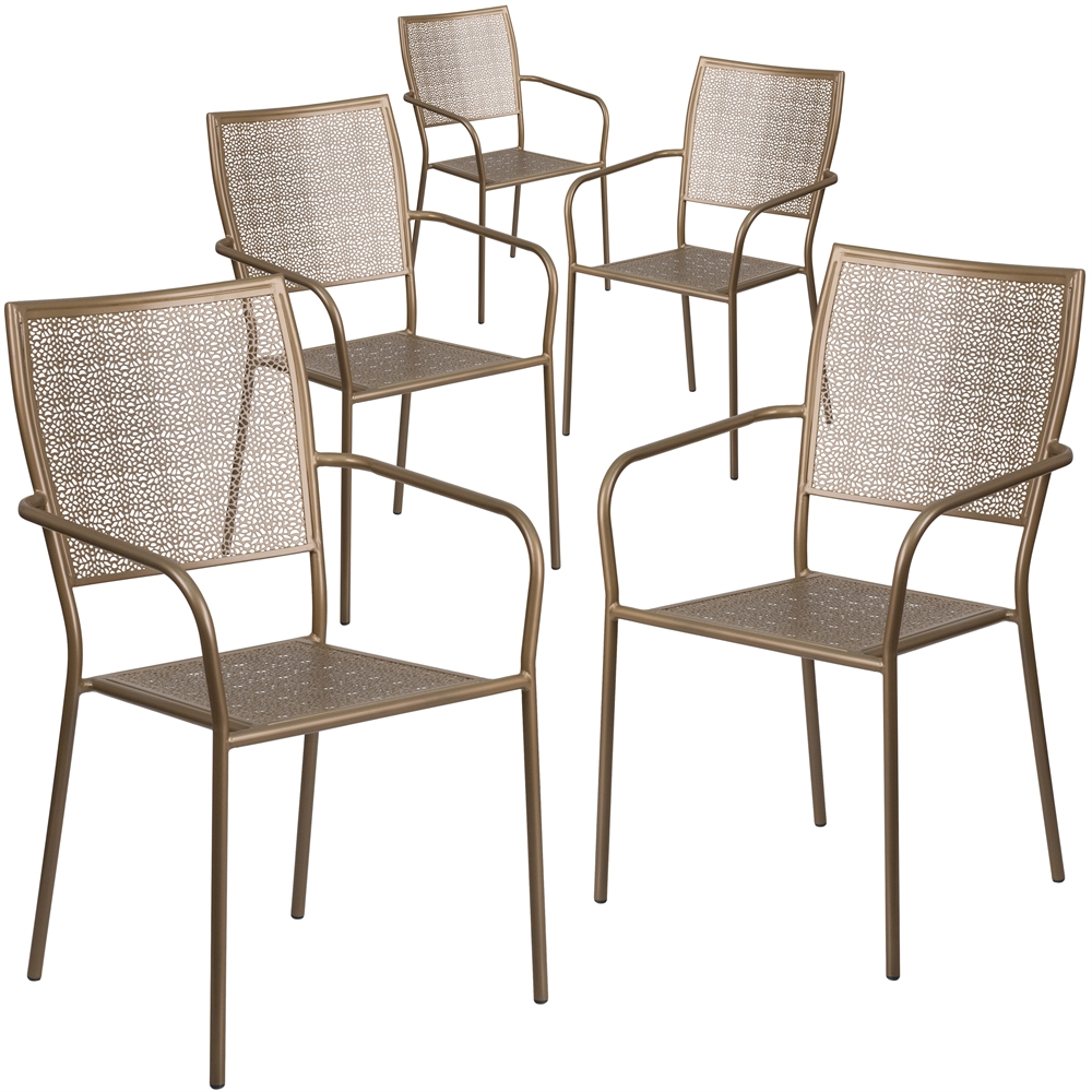 5 Piece White Indoor-Outdoor Steel Patio Arm Chair with Square Back