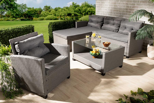 Baxton Studio Darian Modern and Contemporary Grey Fabric Upholstered and Grey Synthetic Rattan 4-Piece Patio Sofa Set