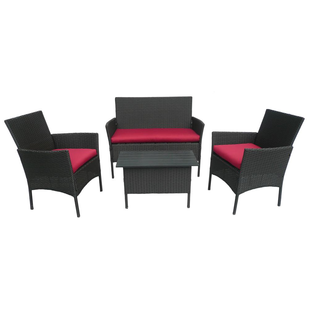 Resin Wicker/Steel Contemporary Settee Group Patio Sofa Set with Cushions 4 Piece Set