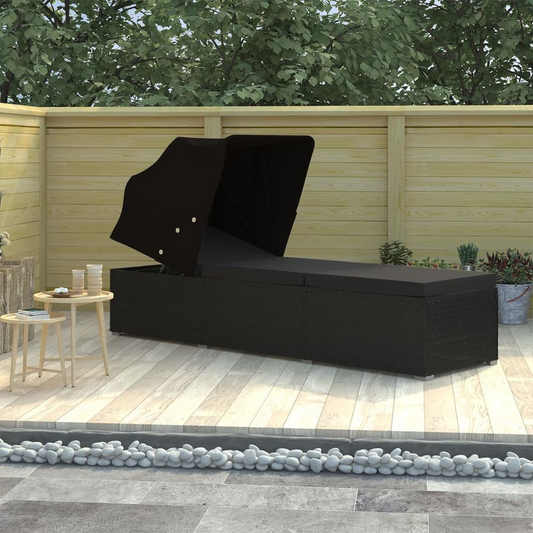 VidaXL Sun Lounger with Canopy and Cushion Poly Rattan Black