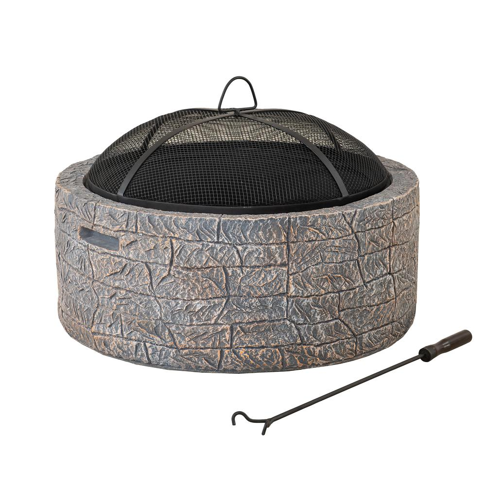 Sunjoy Stone 26 in. Round Wood Burning Firepit for Backyard and Outdoor