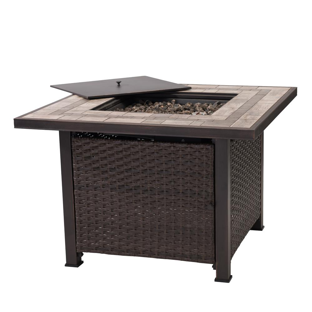 Sunjoy 38" Outdoor Patio Brown Square All-Weather Wicker Ceramic Tile Top Propane Burning Fire Pit Table