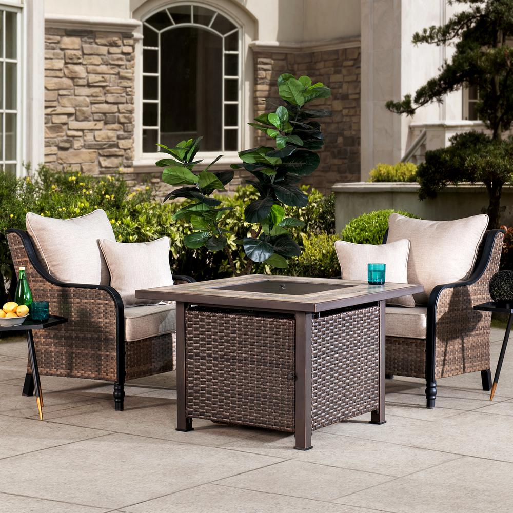 Sunjoy 38" Outdoor Patio Brown Square All-Weather Wicker Ceramic Tile Top Propane Burning Fire Pit Table