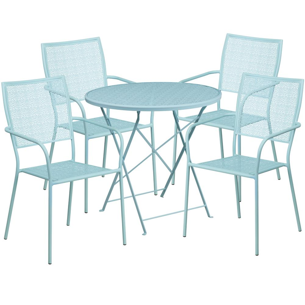 Commercial Grade 30" Round Sky Blue Indoor-Outdoor Steel Folding Patio Table Set with 4 Square Back Chairs
