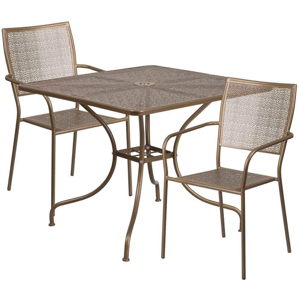 Commercial Grade 35.5" Square Gold Indoor-Outdoor Steel Patio Table Set with 2 Square Back Chairs