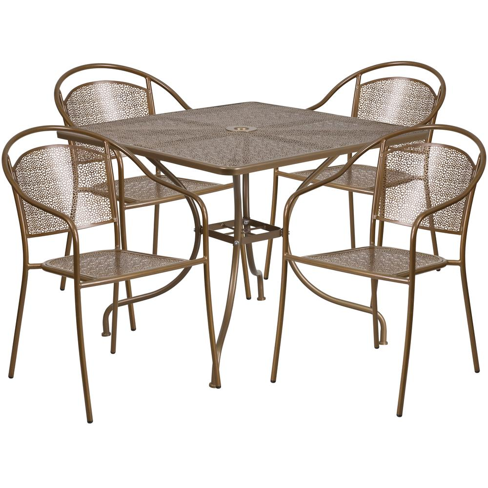Commercial Grade 35.5" Square Gold Indoor-Outdoor Steel Patio Table Set with 4 Round Back Chairs
