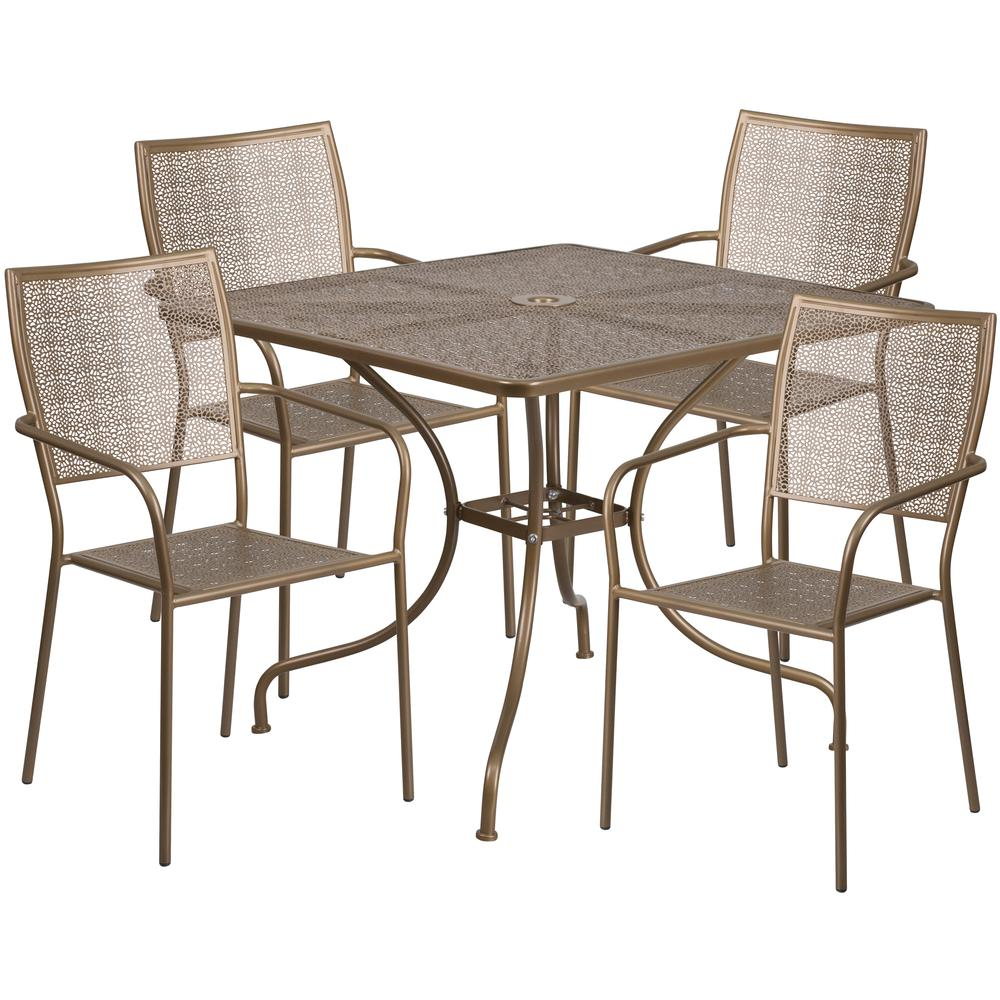 Commercial Grade 35.5" Square Gold Indoor-Outdoor Steel Patio Table Set with 4 Square Back Chairs