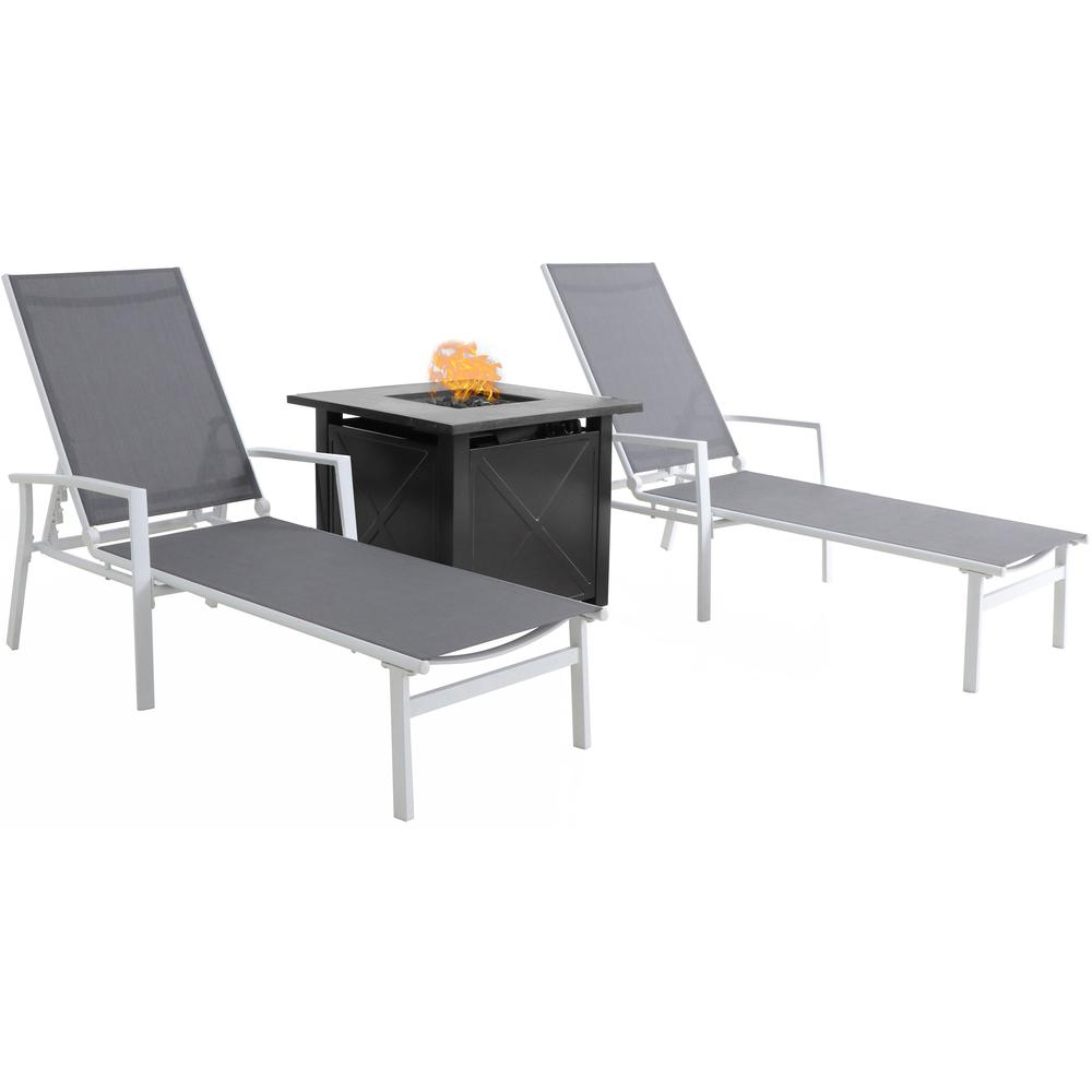 Harper 3 Piece Chaise Set: 2 Alum Chaise Lounges and Tile Top Fire Pit