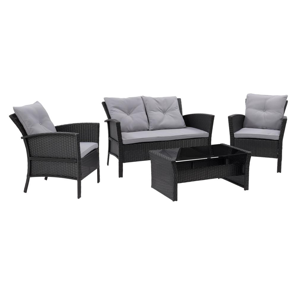 CorLiving Cascade Wicker Rattan Patio Set with Grey Cushions 4 Piece