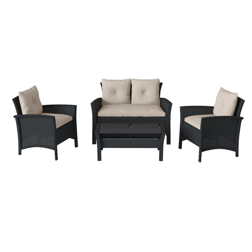Cascade 4 Piece Black Resin Rattan Wicker Patio Sofa Set with Warm White Cushions