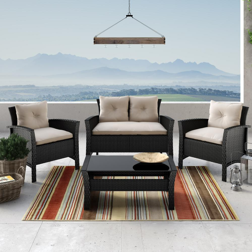 Cascade 4 Piece Black Resin Rattan Wicker Patio Sofa Set with Warm White Cushions