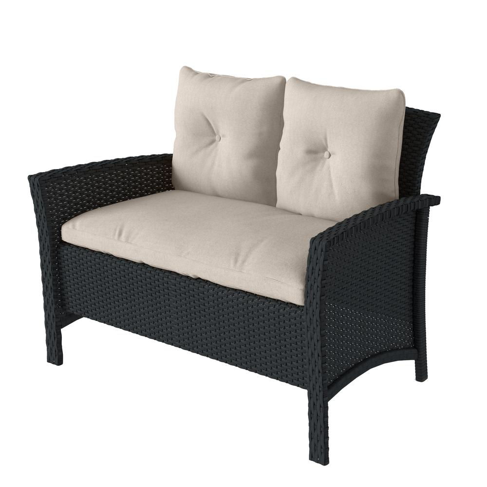 Cascade 4 Piece Black Resin Rattan Wicker Patio Sofa Set with Warm White Cushions