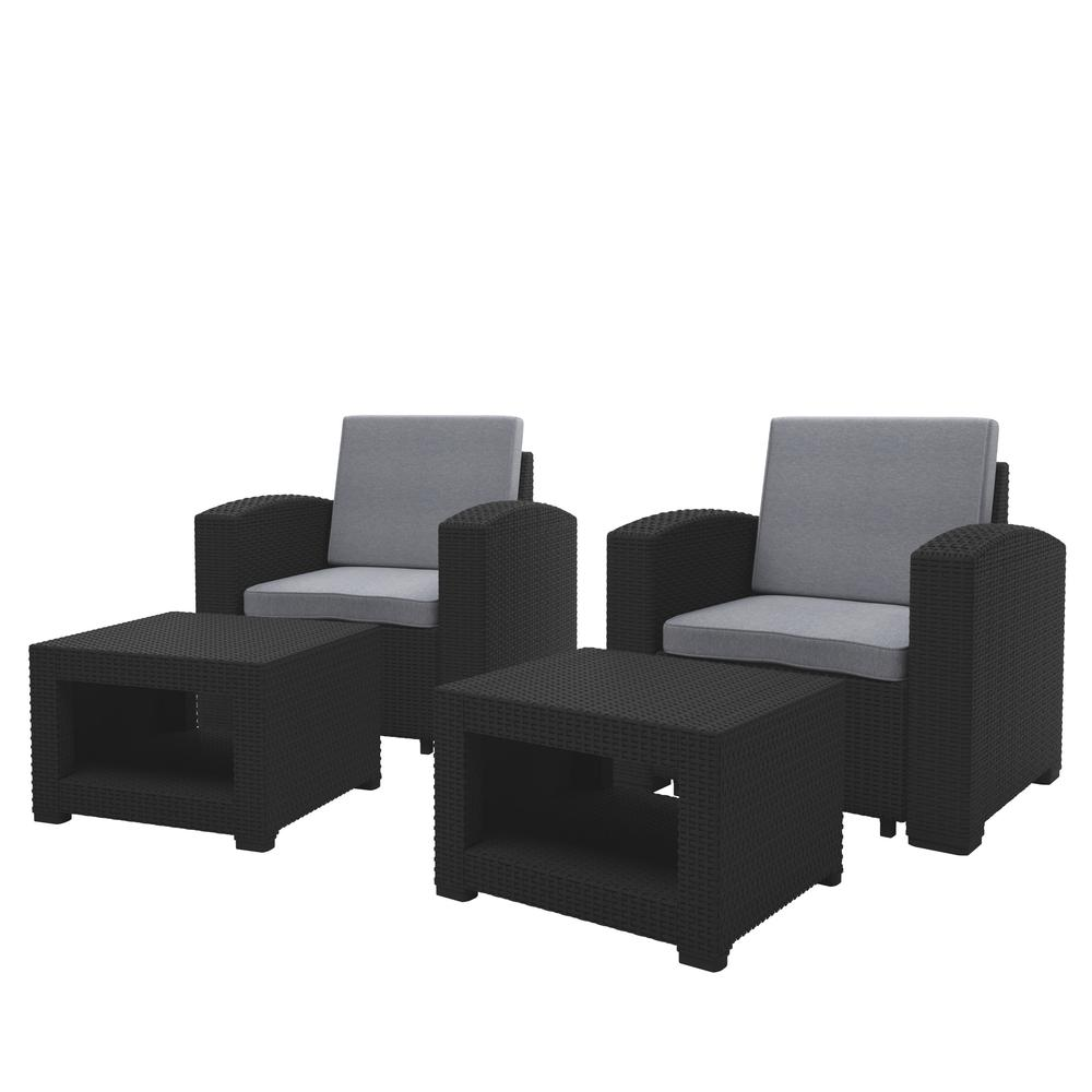 All-Weather Black Chair and Ottoman Patio Sofa Set with Light Grey Cushions
