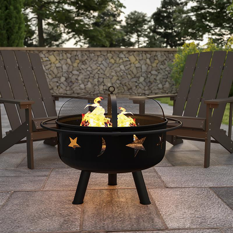 Flash Furniture 29" Round Wood Burning Firepit with Mesh Spark Screen