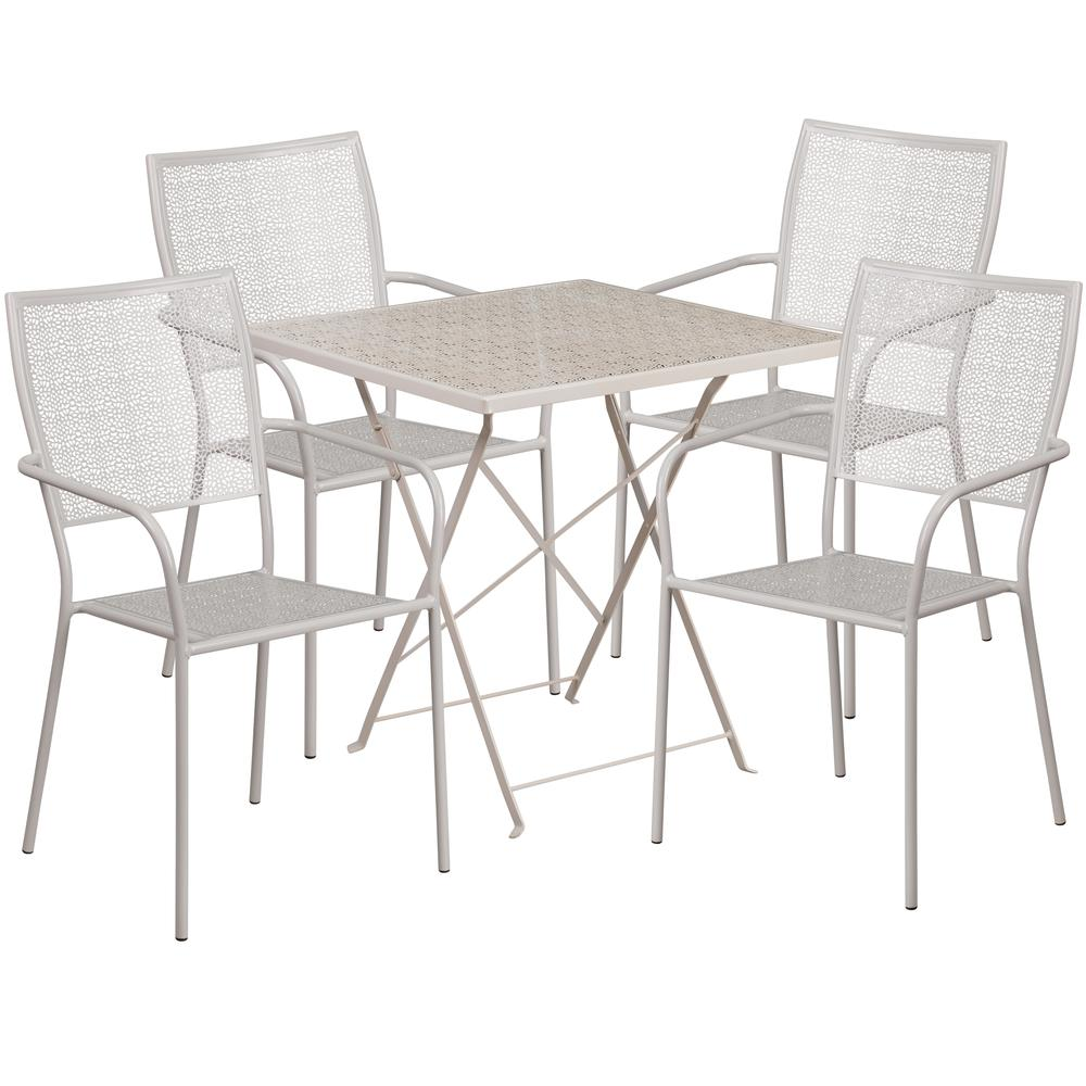 Commercial Grade 28" Square Light Gray Indoor-Outdoor Steel Folding Patio Table Set with 4 Square Back Chairs