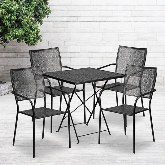 Commercial Grade 28" Square Black Indoor-Outdoor Steel Folding Patio Table Set with 4 Square Back Chairs