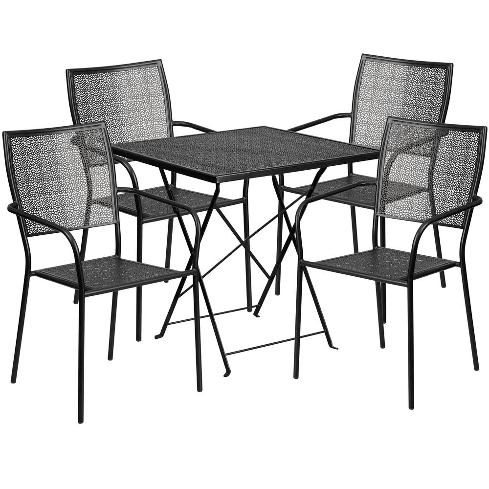 Commercial Grade 28" Square Black Indoor-Outdoor Steel Folding Patio Table Set with 4 Square Back Chairs