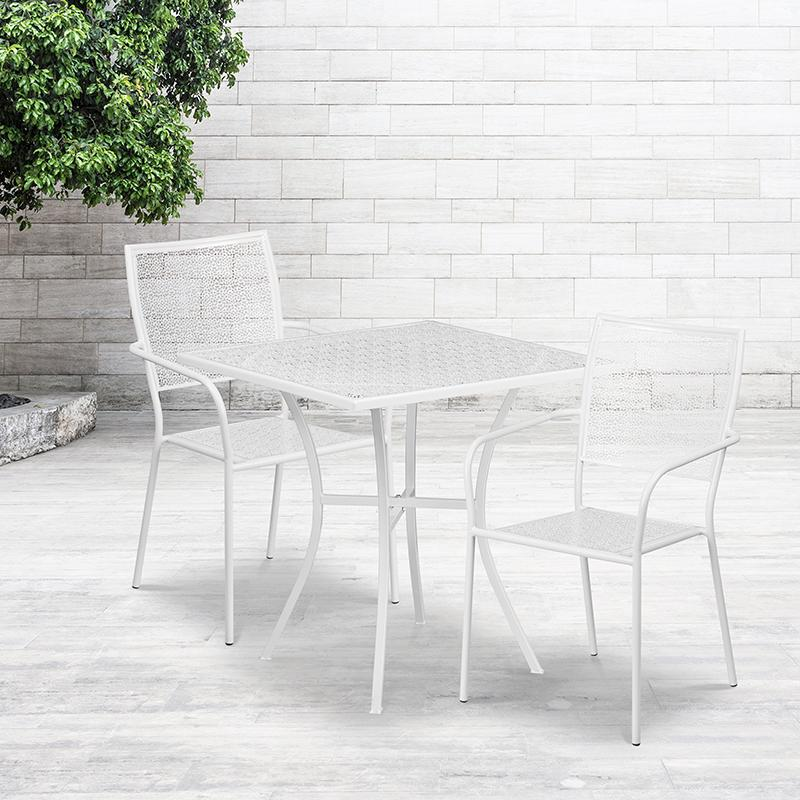 Commercial Grade 28" Square White Indoor-Outdoor Steel Patio Table Set with 2 Square Back Chairs