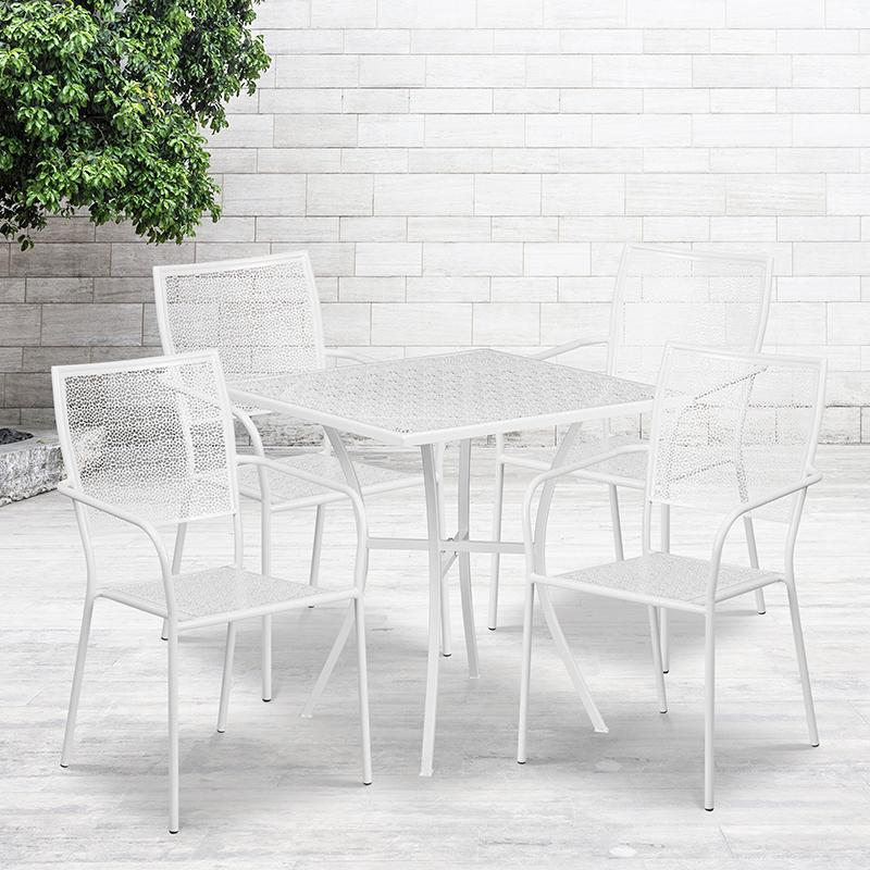 Commercial Grade 28" Square White Indoor-Outdoor Steel Patio Table Set with 4 Square Back Chairs