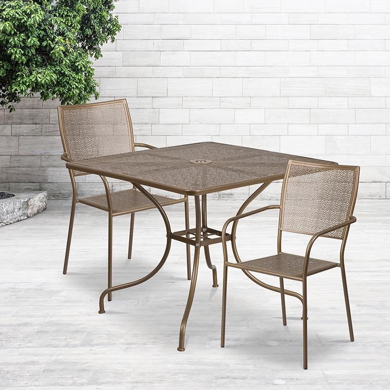Commercial Grade 35.5" Square Gold Indoor-Outdoor Steel Patio Table Set with 2 Square Back Chairs