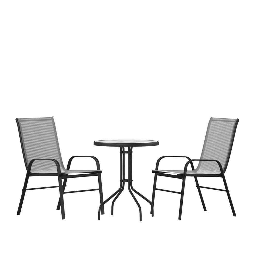 3 Piece Outdoor Patio Dining Set - 23.75" Round Tempered Glass Patio Table, 2 Gray Flex Comfort Stack Chairs