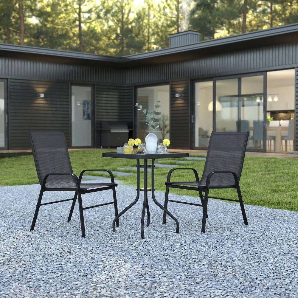 3 Piece Outdoor Patio Dining Set - 23.5" Square Tempered Glass Patio Table, 2 Black Flex Comfort Stack Chairs