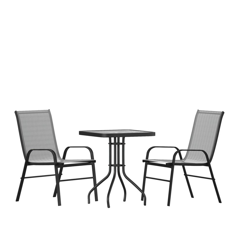3 Piece Outdoor Patio Dining Set - 23.5" Square Tempered Glass Patio Table, 2 Gray Flex Comfort Stack Chairs