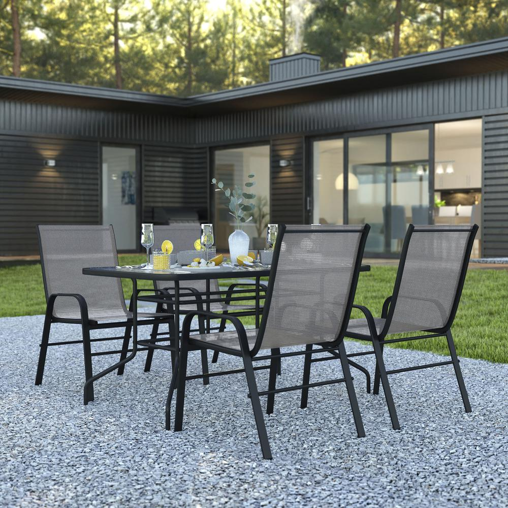 5 Piece Outdoor Patio Dining Set - 55" Tempered Glass Patio Table with Umbrella Hole, 4 Gray Flex Comfort Stack Chairs