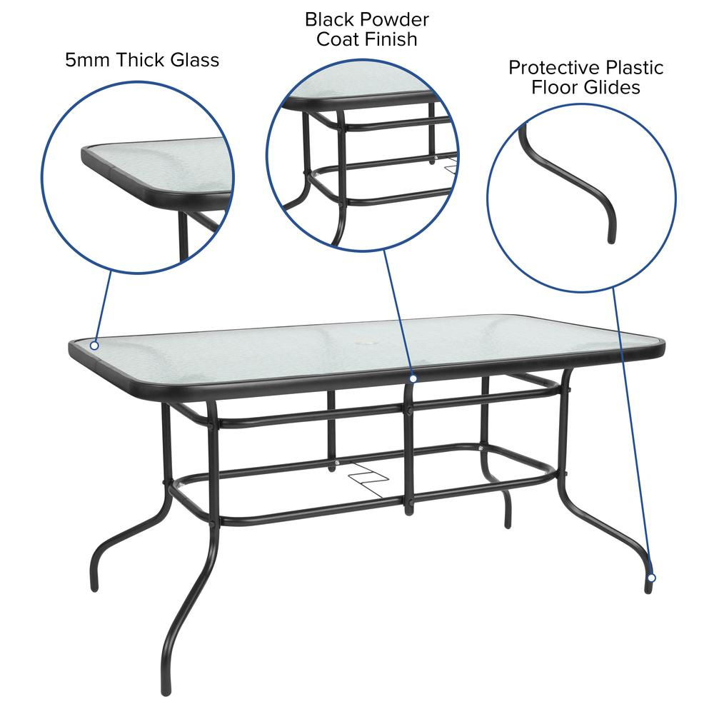 5 Piece Outdoor Patio Dining Set - 55" Tempered Glass Patio Table with Umbrella Hole, 4 Gray Flex Comfort Stack Chairs