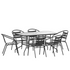 7 Piece Outdoor Patio Dining Set - 55" Tempered Glass Patio Table with Umbrella Hole, 6 Black Metal Aluminum Slat Stack Chairs
