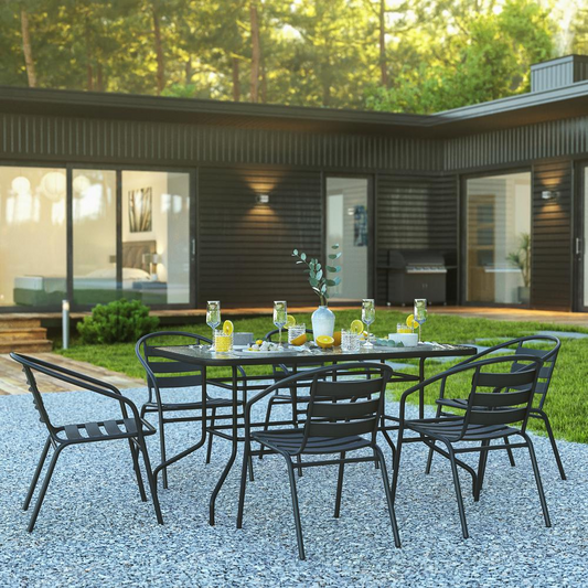 7 Piece Outdoor Patio Dining Set - 55" Tempered Glass Patio Table with Umbrella Hole, 6 Black Metal Aluminum Slat Stack Chairs
