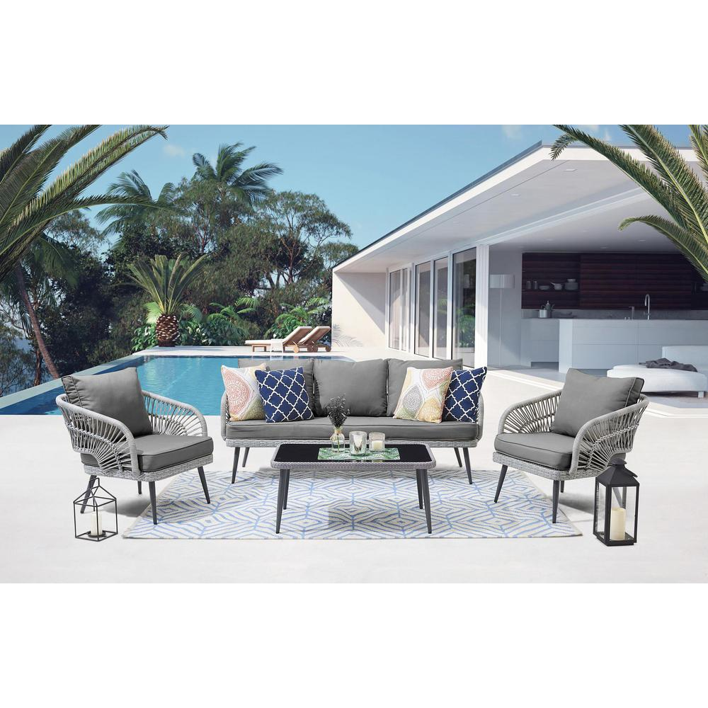 Riviera Rope Wicker 4-Piece 5 Seater Patio Conversation Set with Cushions in Cream