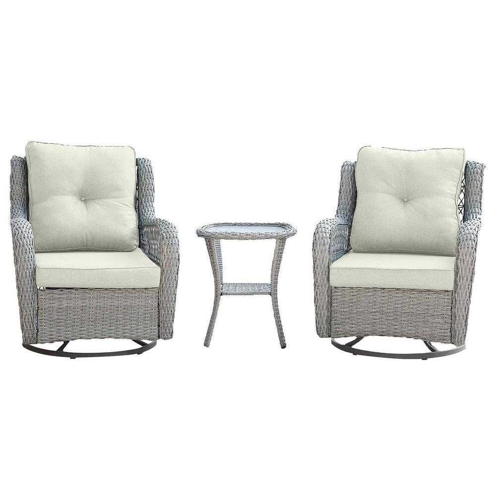 Fruttuo Swivel Steel Rattan 3-Piece Patio Conversation Set with Cushions in Cream - Backyard Livings