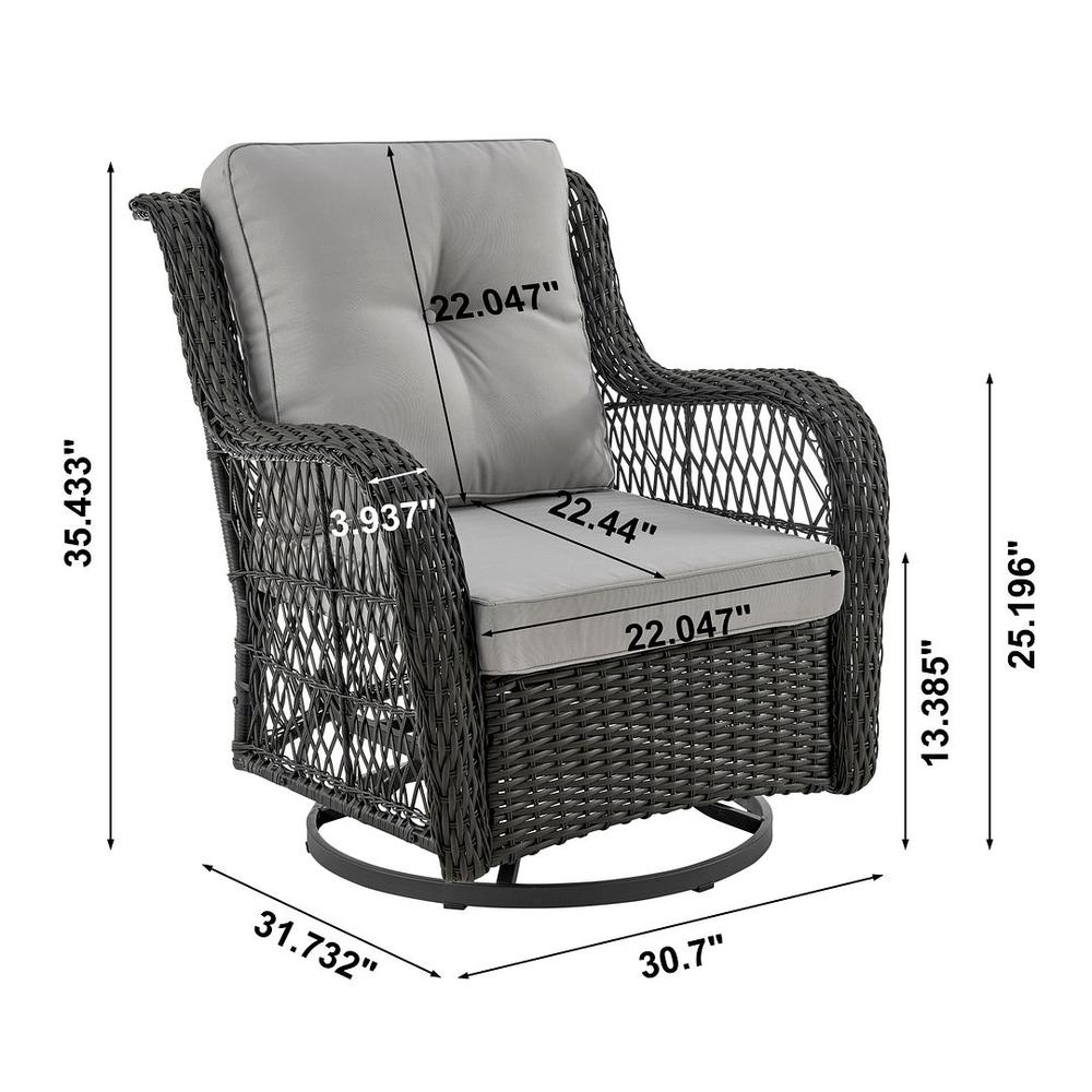 Fruttuo Swivel Steel Rattan 3-Piece Patio Conversation Set with Cushions in Grey