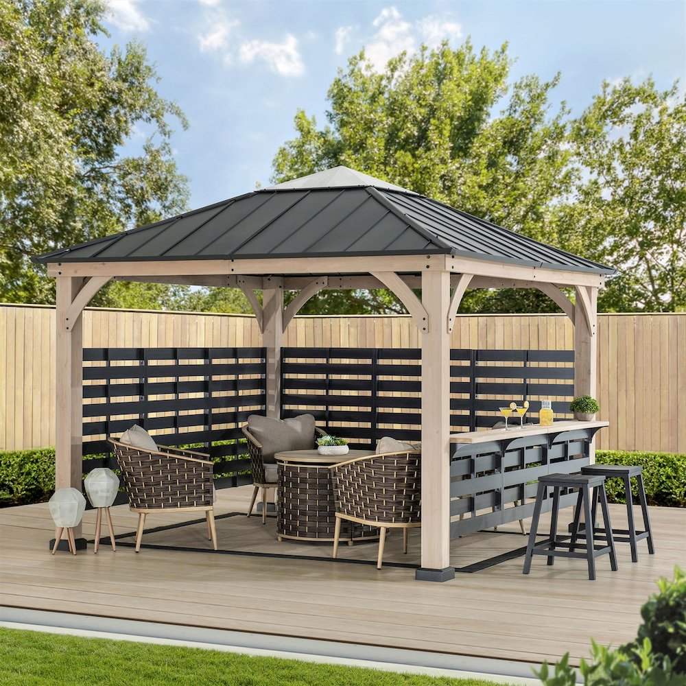 Sunjoy 11 ft. x 11 ft. Cameron Cedar Wood Framed Hot Tub Gazebo with Steel and Polycarbonate Hardtop - Backyard Livings