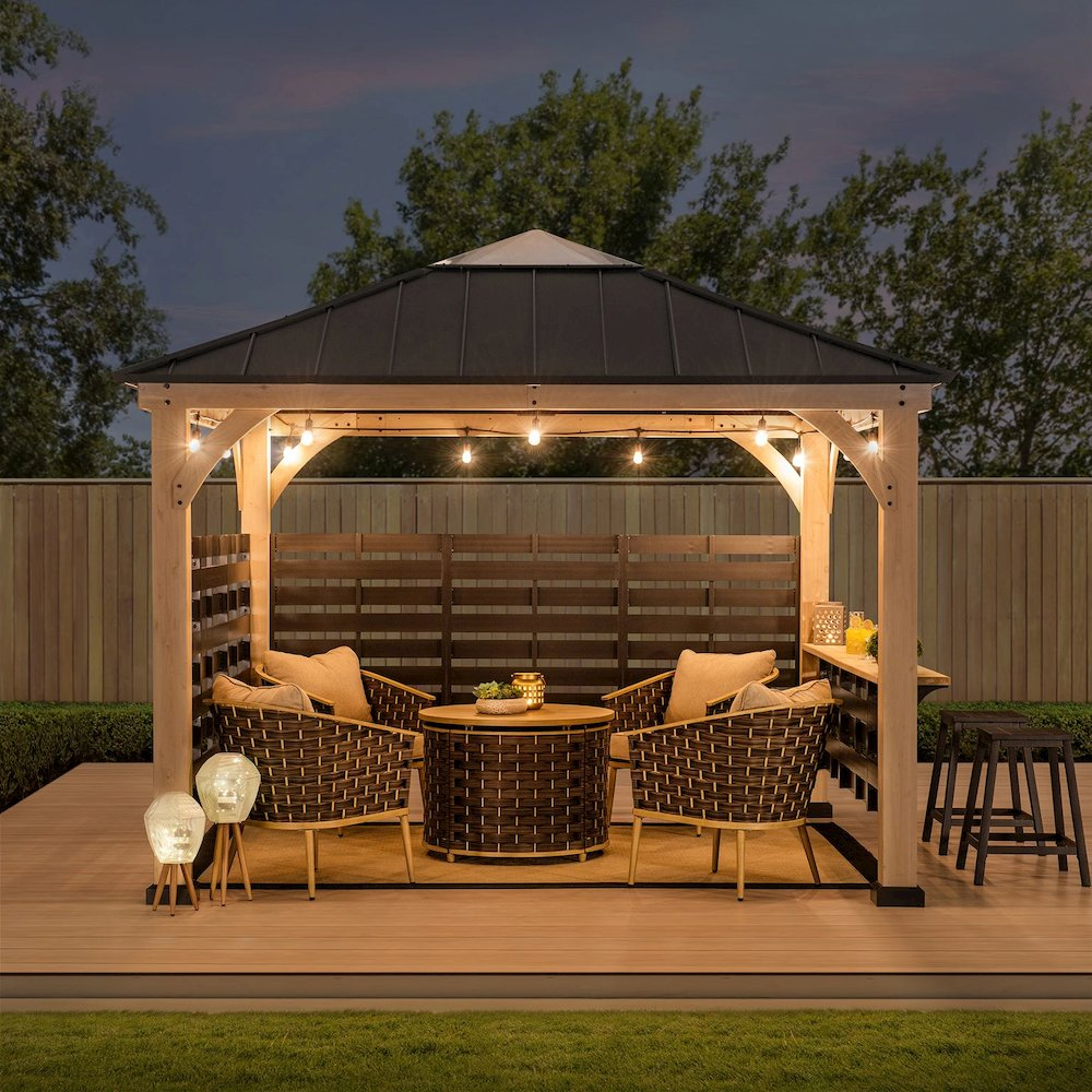 Sunjoy 11 ft. x 11 ft. Cameron Cedar Wood Framed Hot Tub Gazebo with Steel and Polycarbonate Hardtop - Backyard Livings